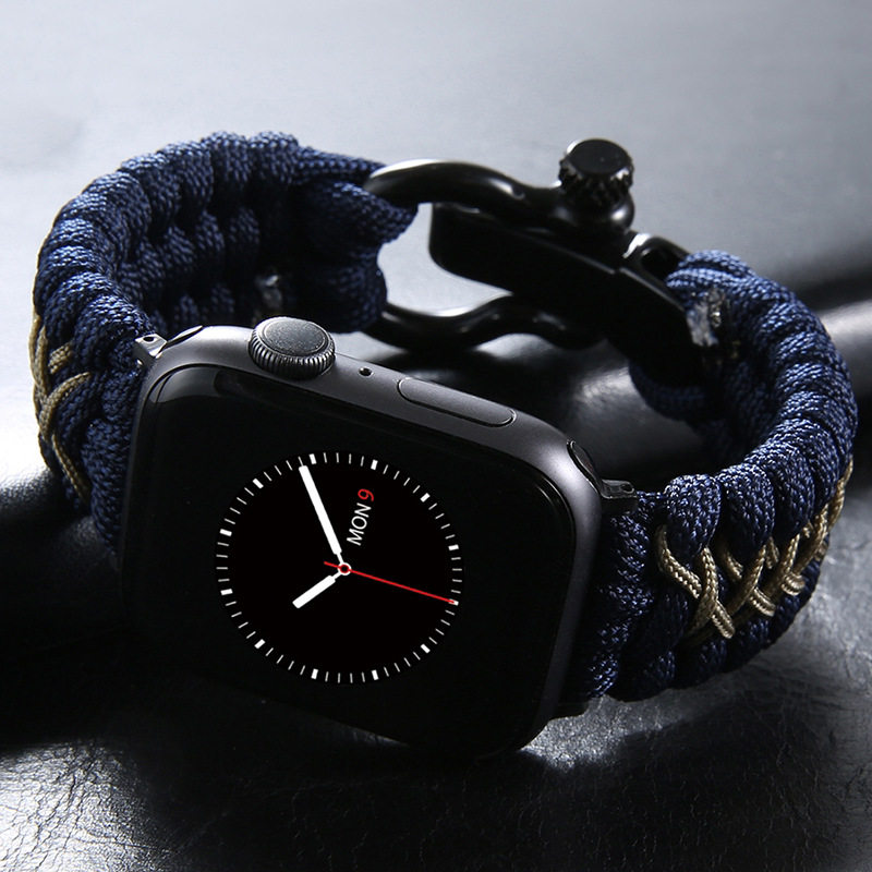 适用苹果apple watch尼龙运动iwatch双层编织黑色钢扣表带 9/8/7
