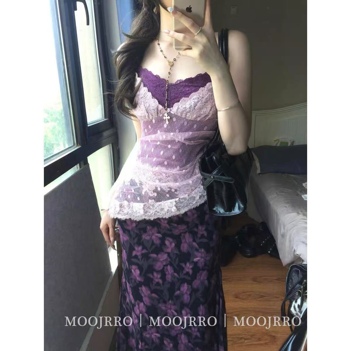 紫色蕾丝吊带女夏季穿搭