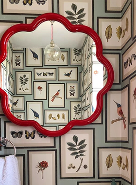 圆形橡胶木实木红色洗手台化妆桌触控带灯除雾创意壁挂免打孔镜子