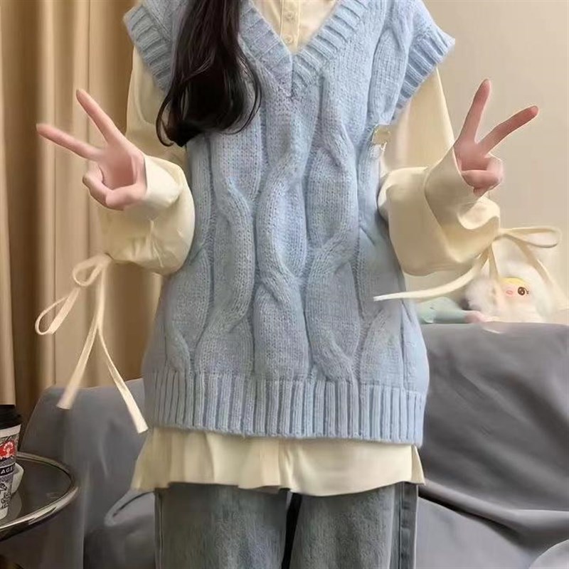 单件/两件套装学院风复古麻花针织衫毛衣马甲背心女学生+白色衬衫