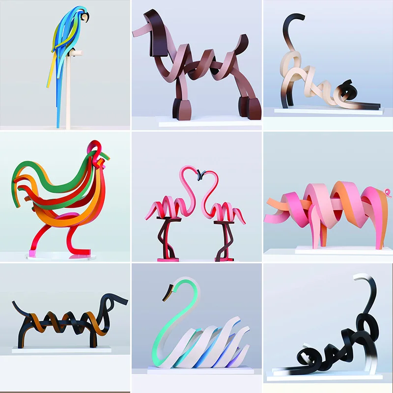 现代简约创意抽象异形不锈钢线条动物雕塑鸡小鸟狗鹅卡通摆件装饰