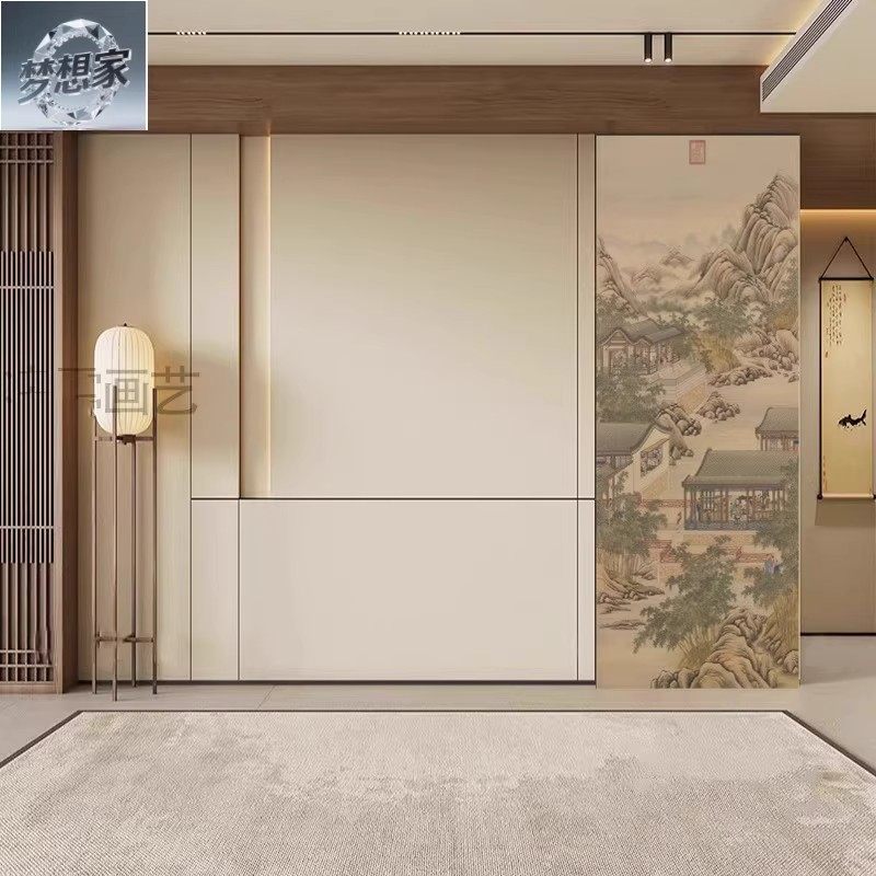 中式古风山水扣板客厅沙发电视背景墙碳晶板装饰画宋氏美学护墙板,基础建材,集成板,淘宝优惠券,粉丝福利购,淘宝优惠卷