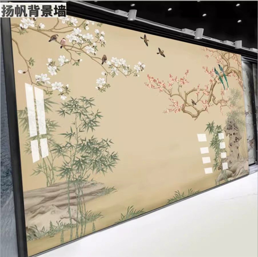 新中式古典花鸟碳晶板电视背景集成墙板酒店书房卧室床头护墙板