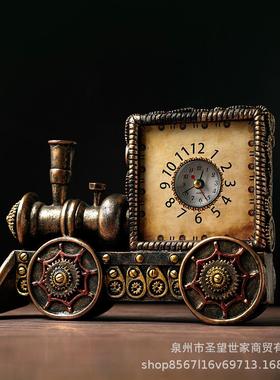 创意仿古做旧火车头时钟树脂模型摆件家居酒吧咖啡厅礼品装饰道具
