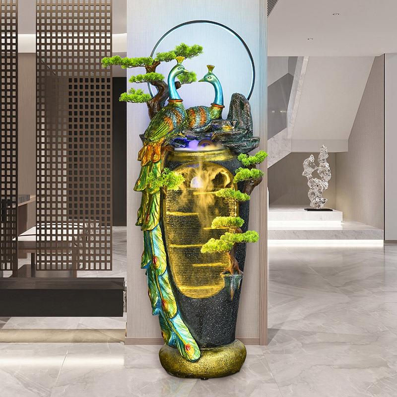 孔雀水幕墙落地屏风招财客厅玄关装饰流水器生财乔迁新居开业摆件