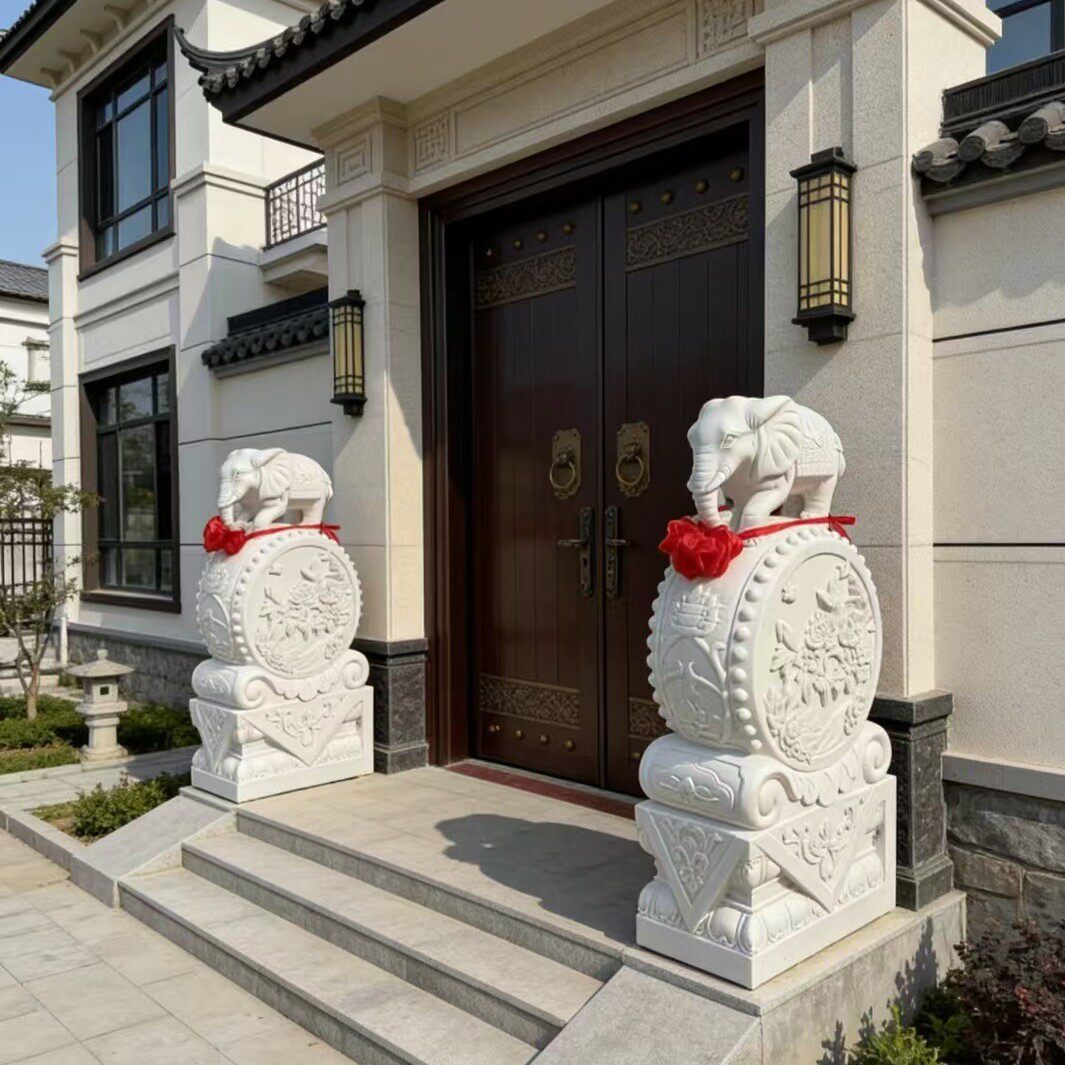 石雕汉白玉门墩抱鼓石一对小象石鼓酒店别墅门口家用装饰摆件庭院
