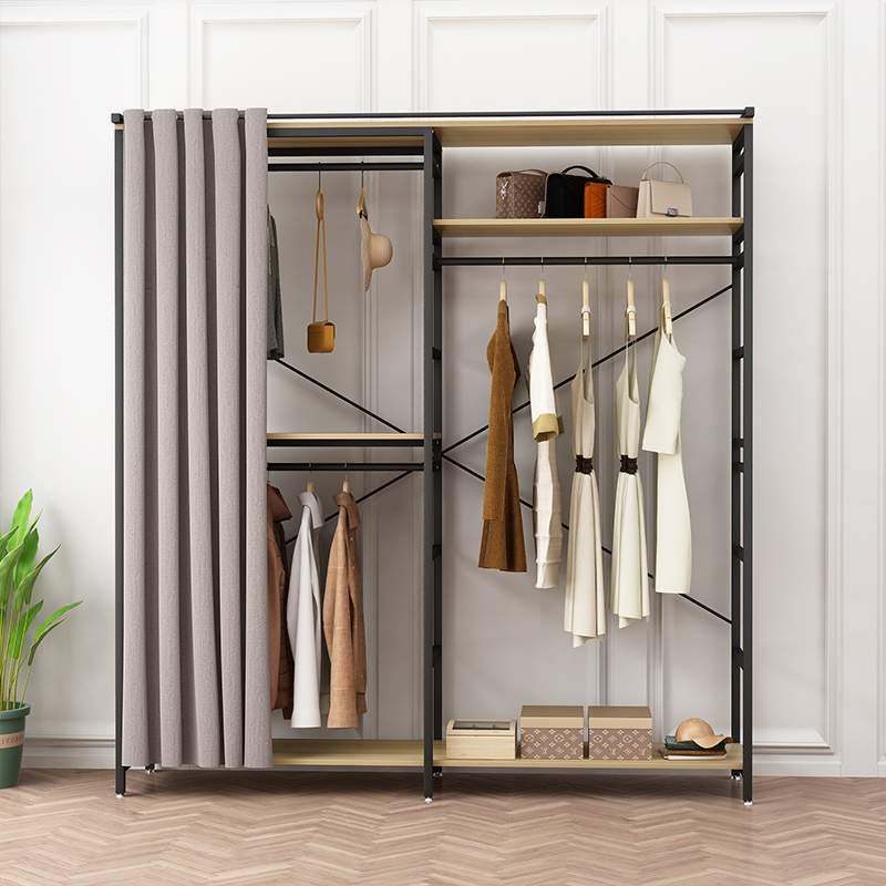 7T家用衣帽架开放式衣柜卧室挂长衣简约多功能铁艺置物落地收纳双