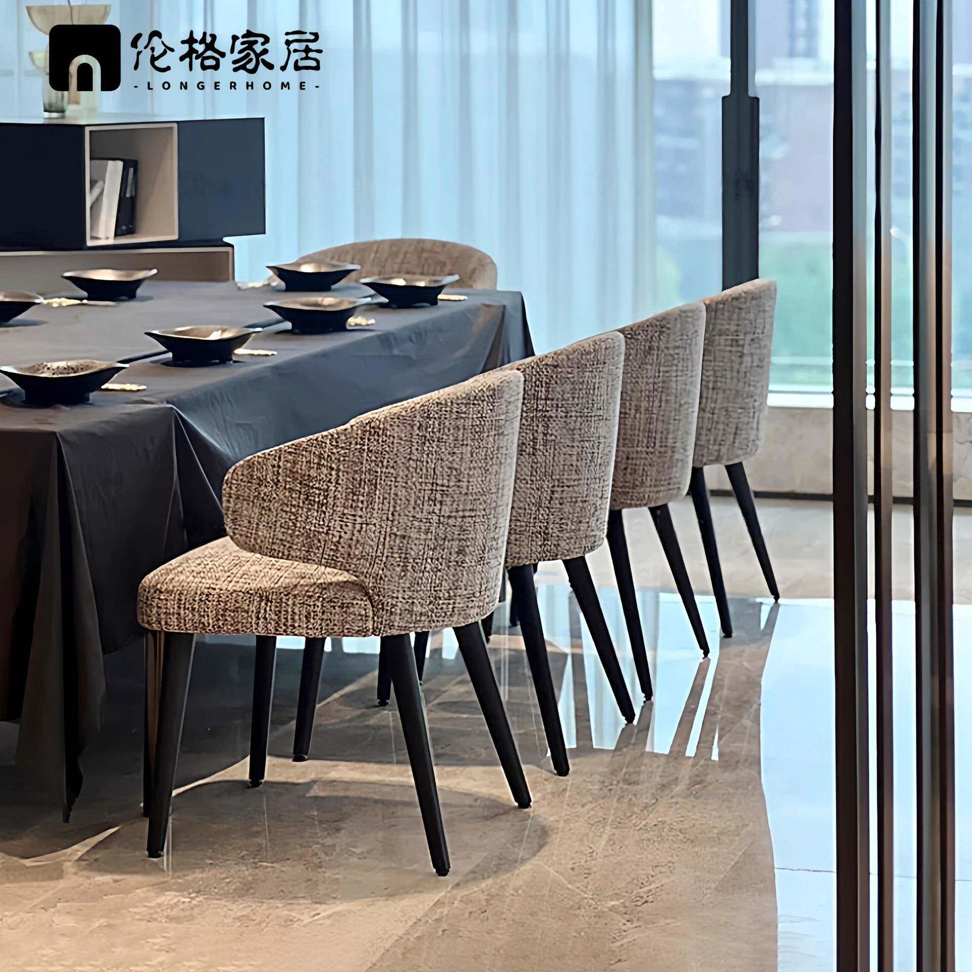 欧美实木餐椅后现代轻奢简约布艺餐桌椅子酒店洽谈家用靠背椅