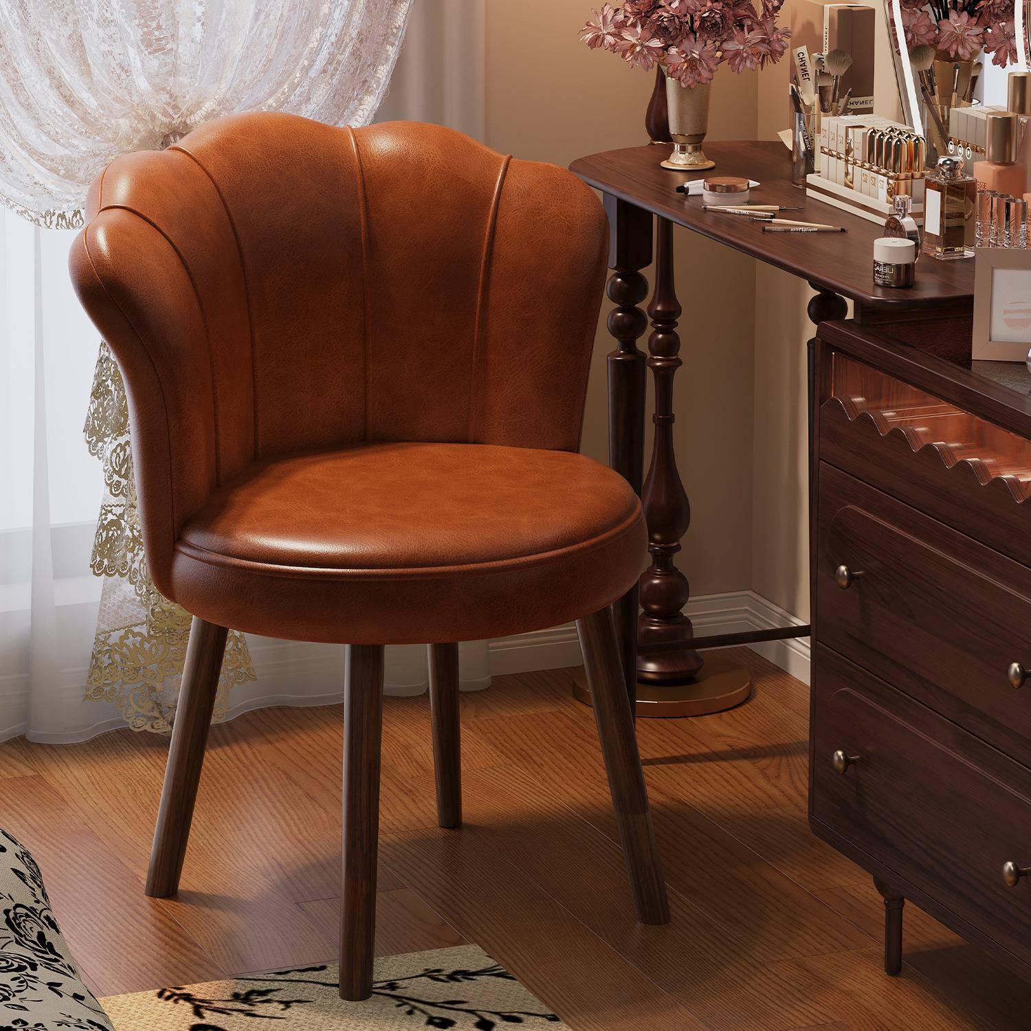 中古风实木化妆凳家用旋转化妆椅梳妆台椅子靠背凳子女生卧室椅子