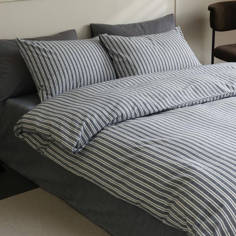 日式简约条纹全棉色织水洗棉四件套中性风男士宽窄条学生宿舍床笠