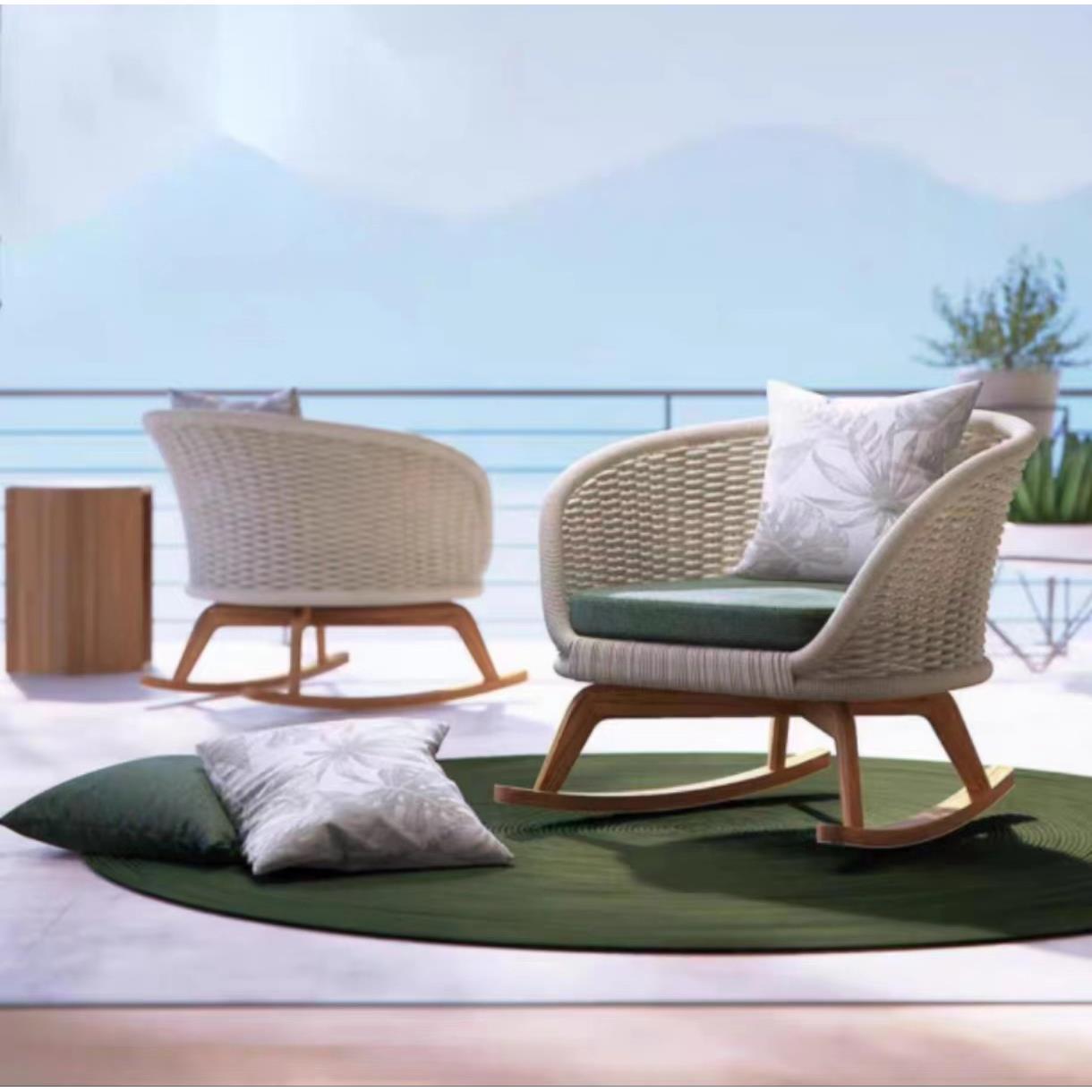 户外休闲沙发家具柚木阳台三件套新中式别墅藤椅实木懒人摇椅藤编