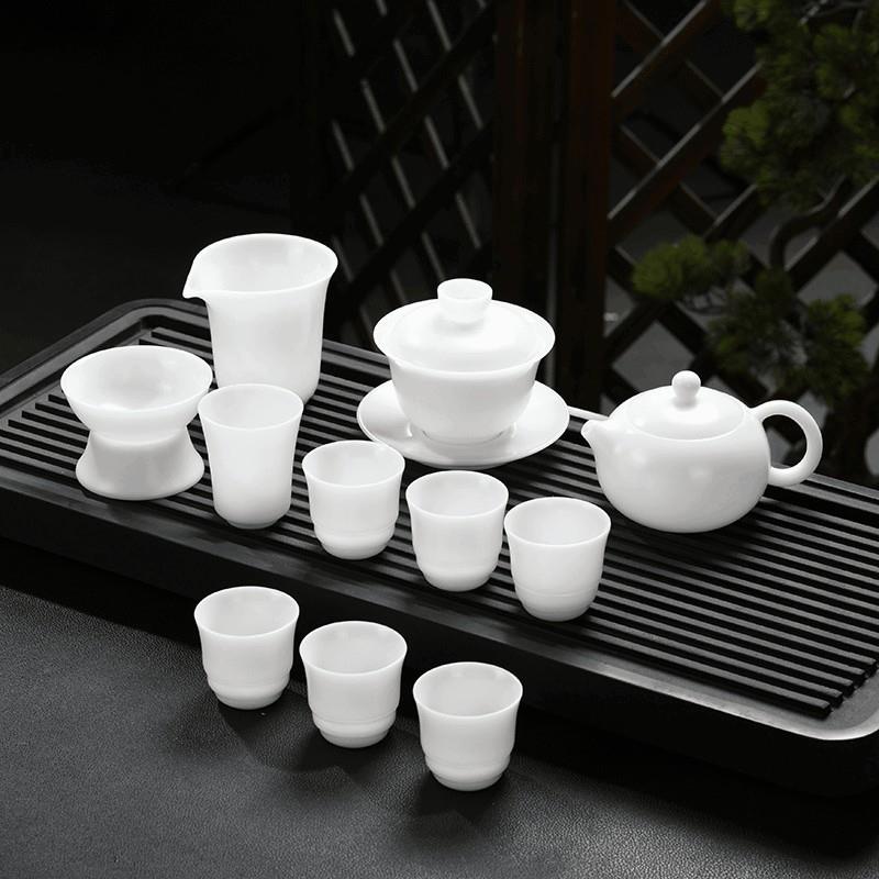 德化白瓷家用办公杯羊脂玉茶具瓷盖碗功夫套装办公室会客泡茶茶杯