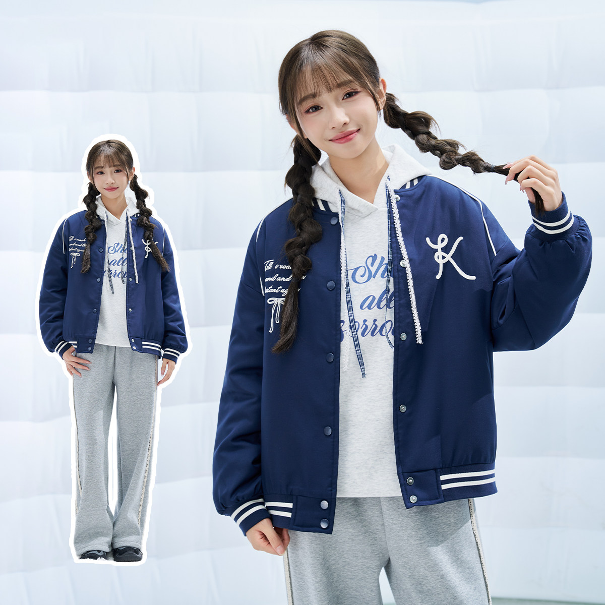 冬季女童中大童加厚棒球外套