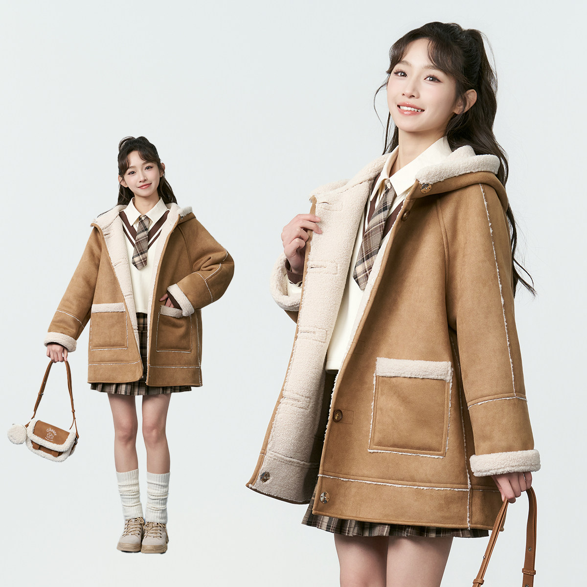 巴恩女童皮毛一体外套保暖秋冬