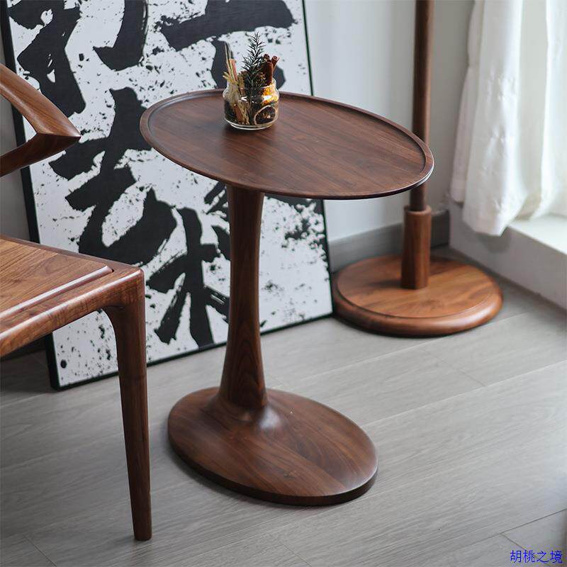 小茶几北美黑胡桃木客厅家用可移动小圆桌原边边几置物架沙发边几