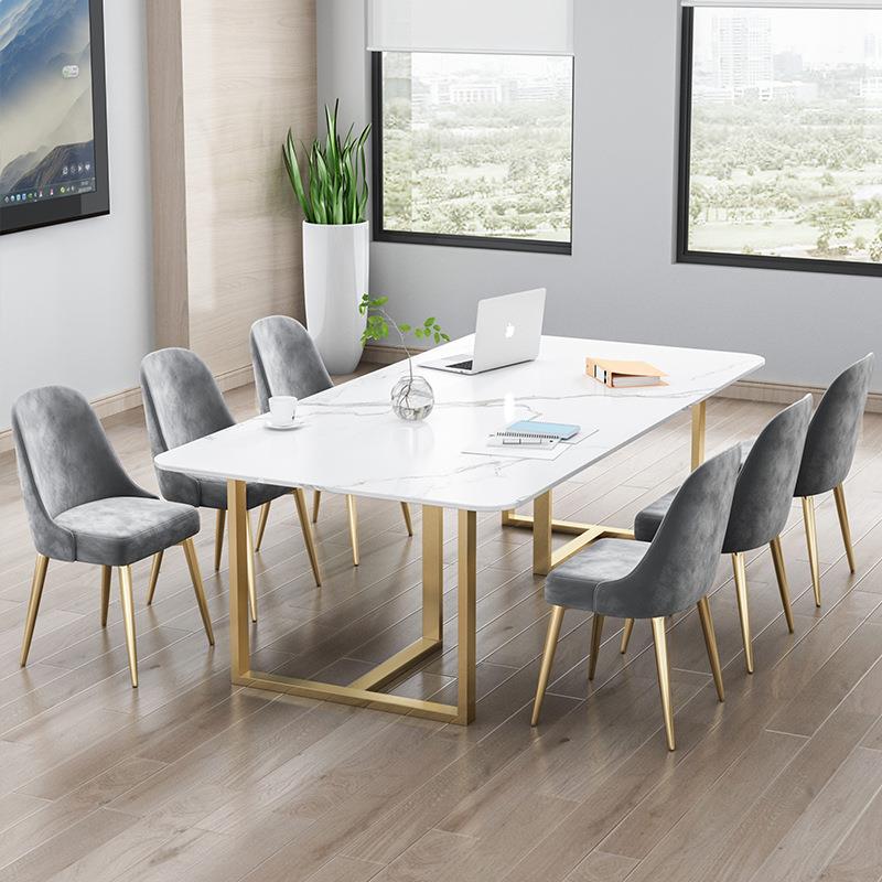 北欧大理石会议桌简约现代岩板长方形办公桌轻奢会客洽谈桌椅组合