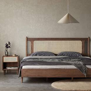 北欧黑胡桃木床藤编日式原木樱桃木卧室双人床现代简约实木家具