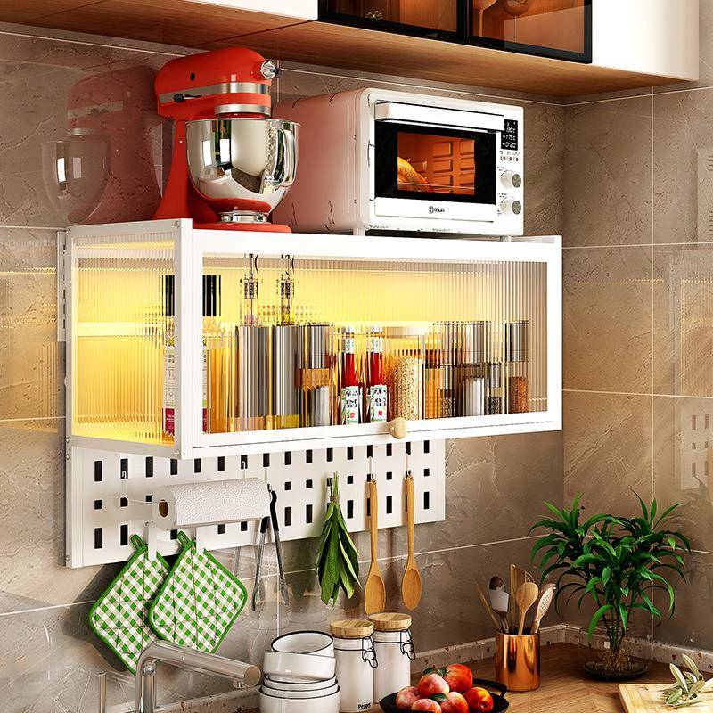 免打孔厨房置物架壁挂式微波炉架子吊柜下方油盐酱醋收纳架带门