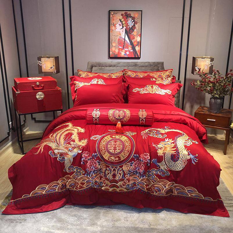 九喜狐结婚床上用品结婚备婚嫁妆龙凤刺绣被套四件套喜被千禧龙凤