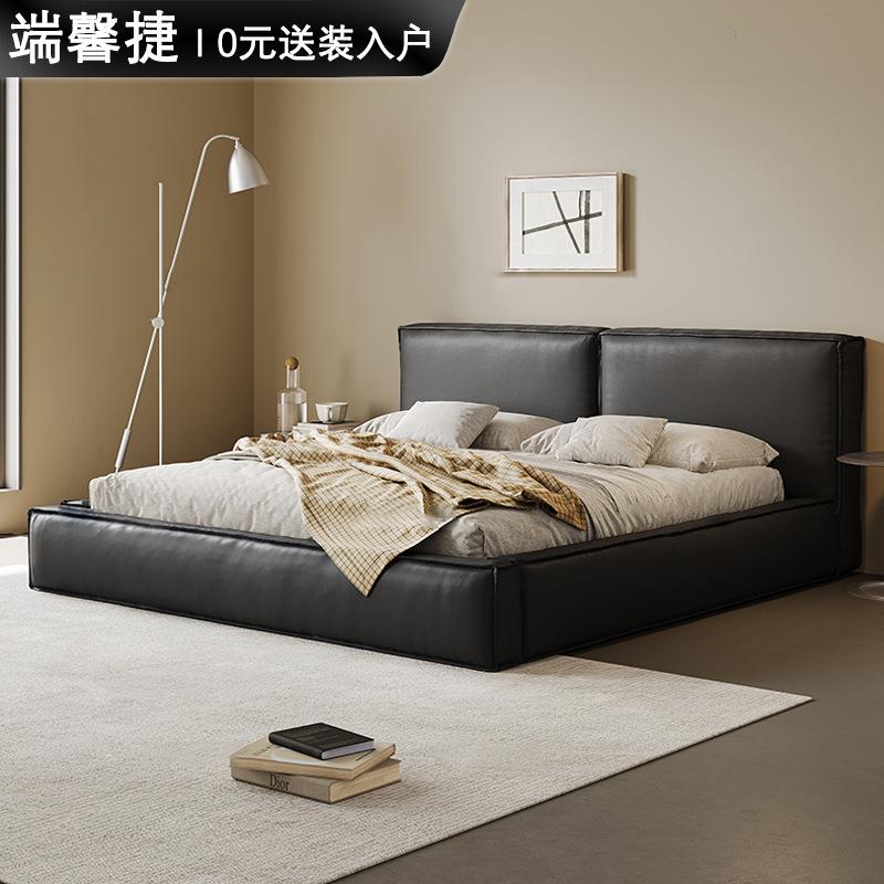 真皮床黑色软床主卧高端大气豆腐块双人床1.8米意式极简简约婚床