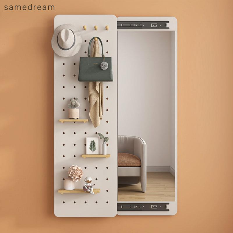 洞洞板镜子轻奢多功能推拉镜子可关闭镜洞洞衣帽架入户打孔柜门