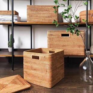 越南秋藤编收纳带盖箱桌面杂物衣服柜子正方形带孔整理筐