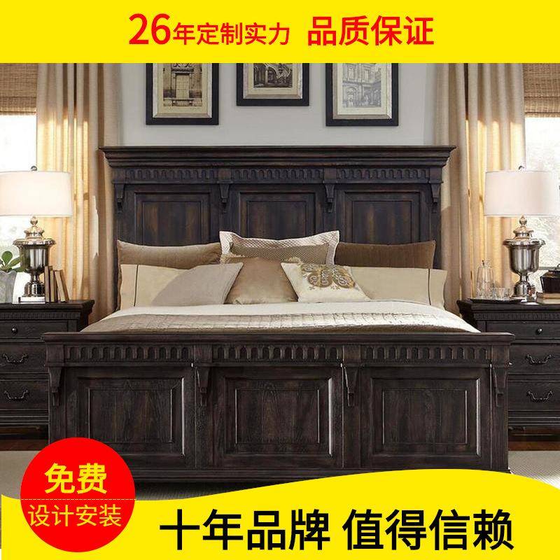 出口外贸美式乡村实木床橡木1.8米法式复古仿古双人床1.5卧室家具