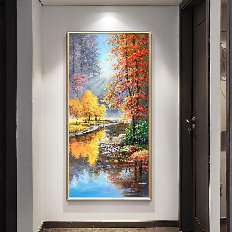 手绘油画福禄美式山水风景画入户走廊过道竖版挂画小鹿玄关装饰画