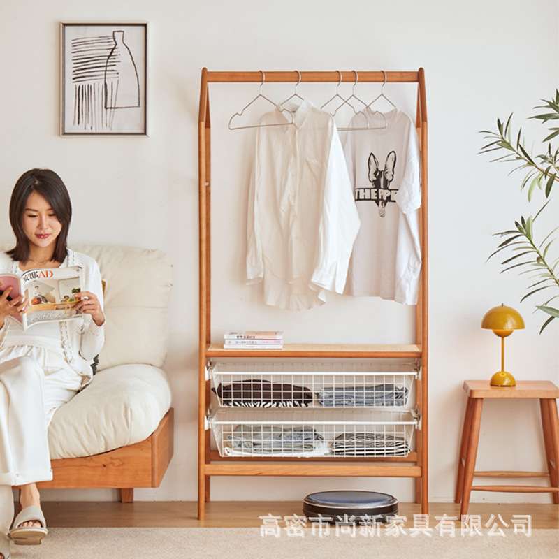实木挂衣架日式简约黑胡桃木樱桃木网红卧室多功能落地衣帽架家用