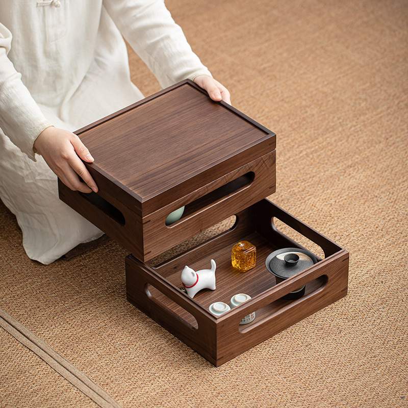 淘瓷八泡茶桌面整理收纳盒胡桃木防尘简约叠加式双层盒子免安装