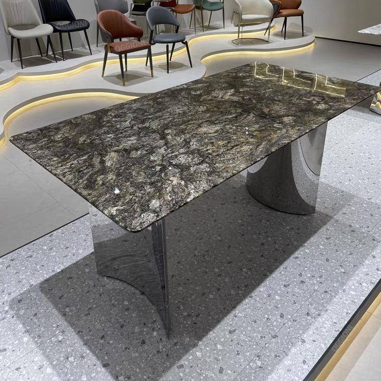 极简小户型长方形大理石不锈钢铂金钻卡里冰玉天然奢石餐桌饭桌