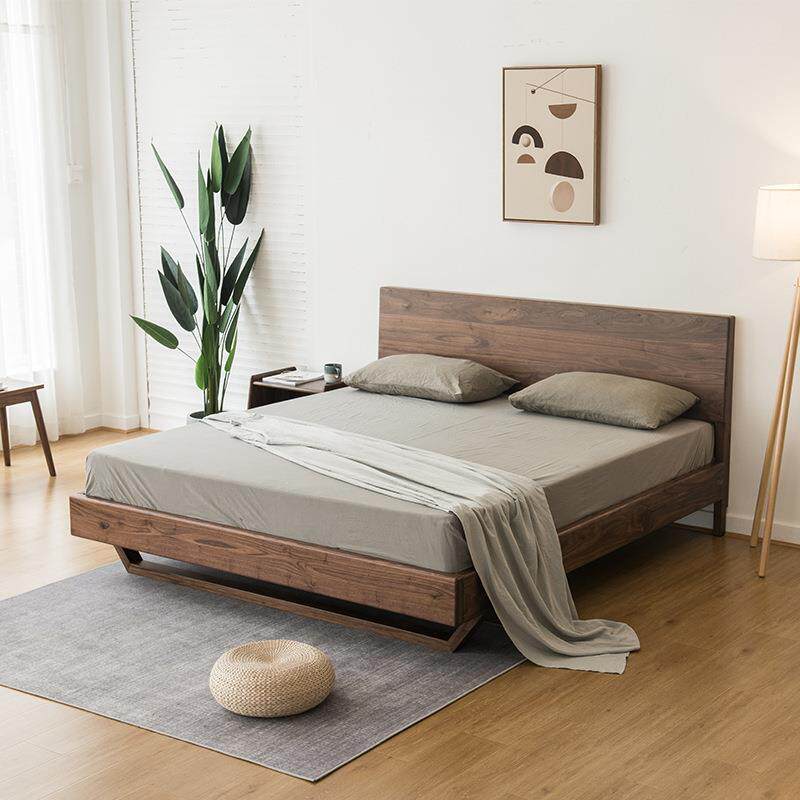 北欧黑胡桃双人木床现代简约主卧婚床轻奢悬空床全实木1.8米1.5床