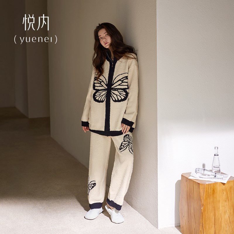 悦内半边绒睡衣女士秋冬款冬季软绵绵保暖珊瑚绒家居服可外穿出门