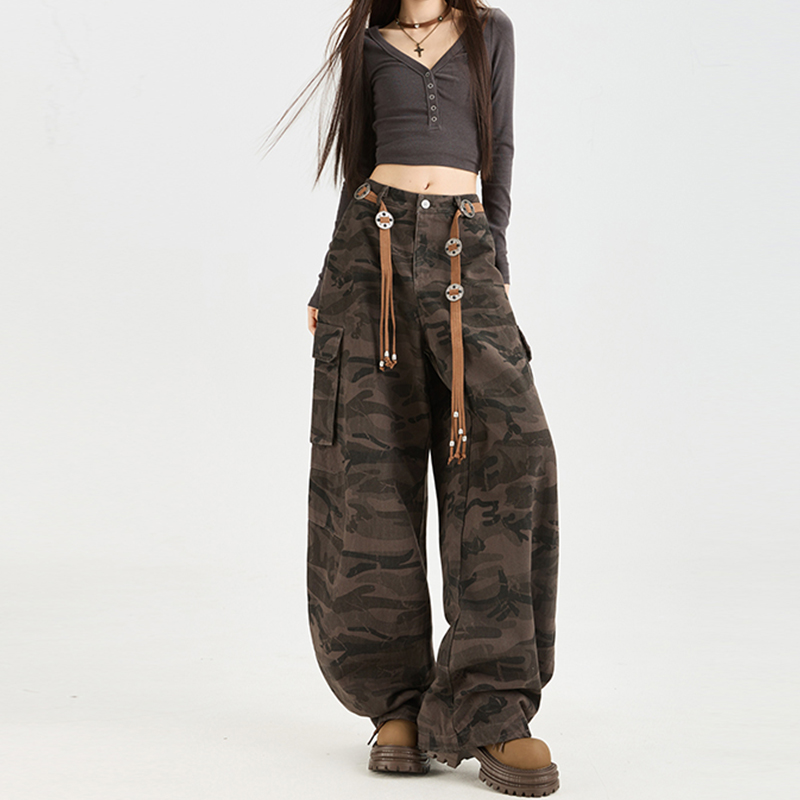 高街迷彩工装牛仔裤女2025秋冬新款百搭显瘦时尚宽松高腰阔腿裤