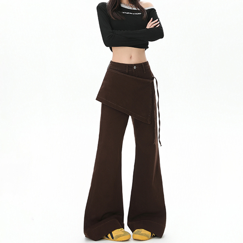 美式复古假两件屁帘微喇牛仔裤女