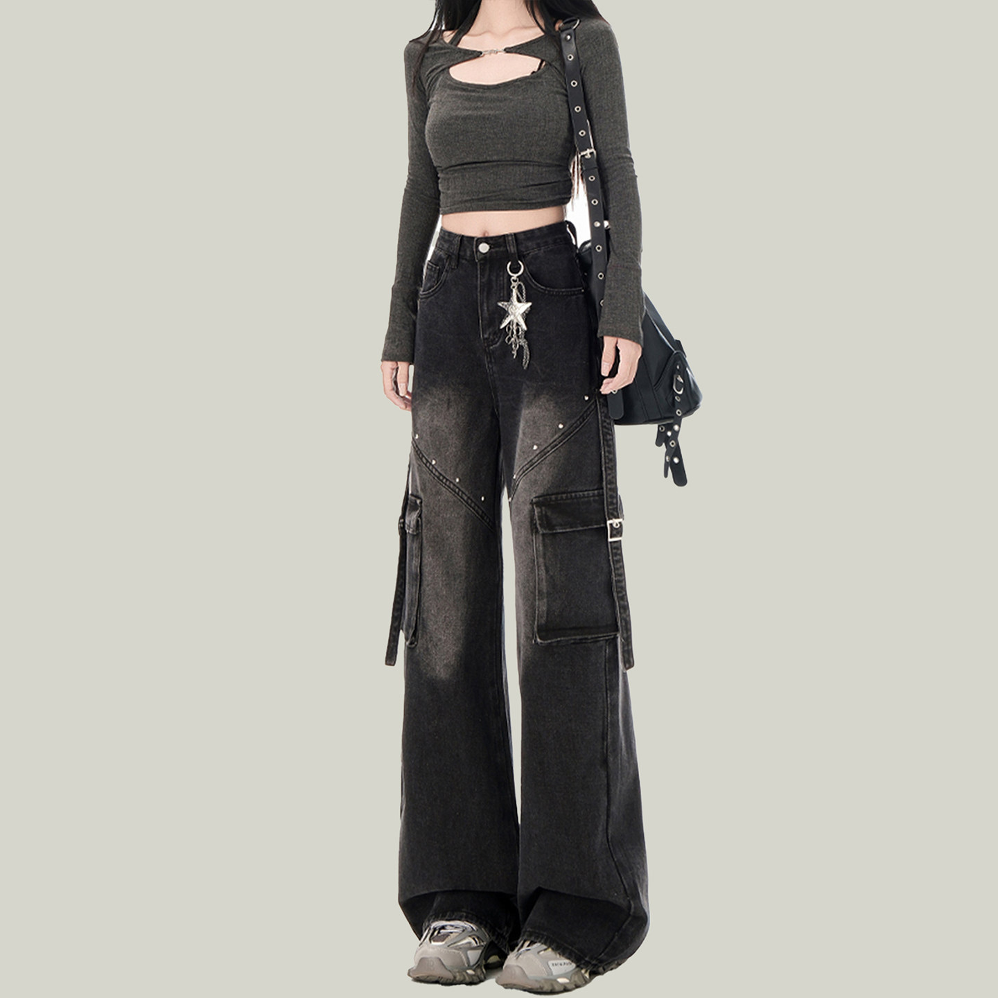 高街复古黑色铆钉工装牛仔裤女