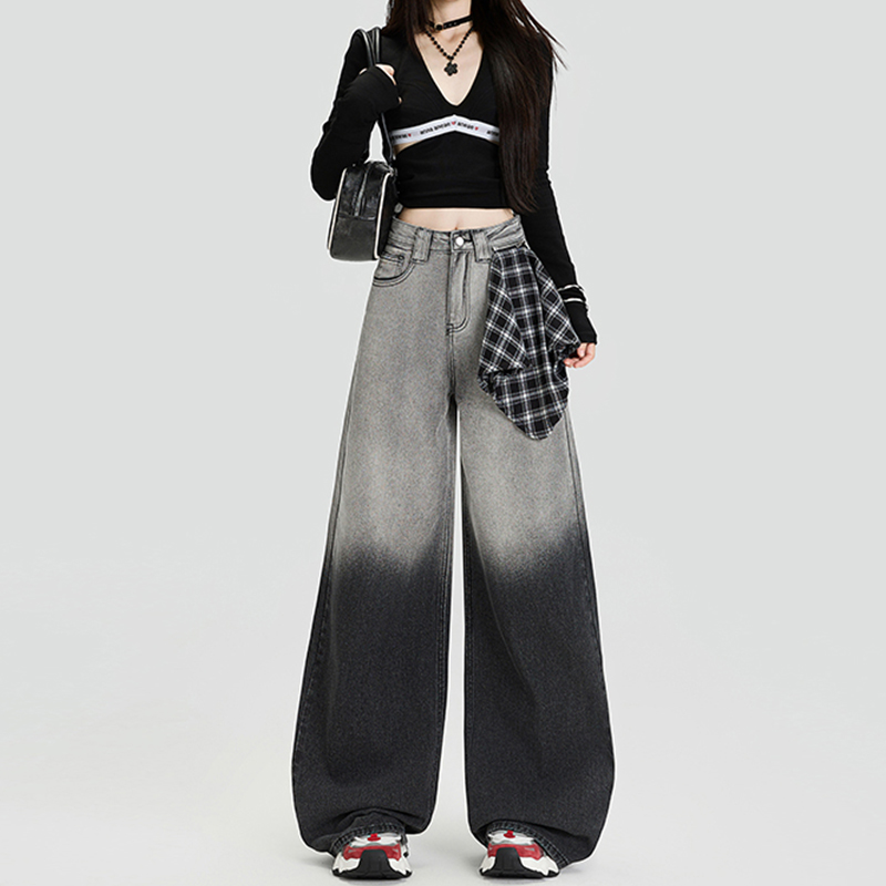 渐变高腰阔腿牛仔裤女2025新款小众美式复古黑色显瘦宽松直筒裤