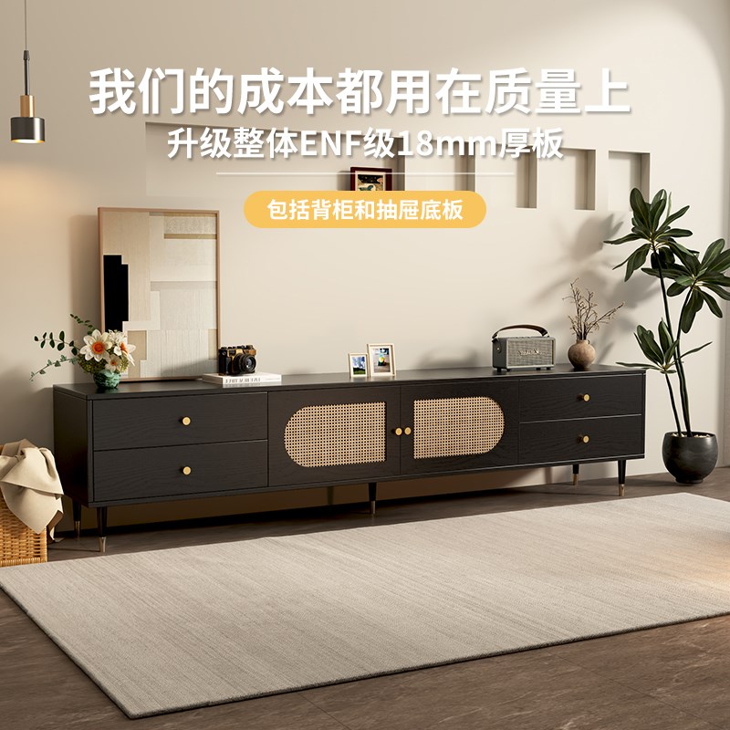 法式中古风家用落地电视机柜藤编复古客厅储物收纳柜高级感可定制