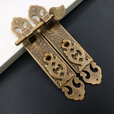 中式纯铜藏式旧家具条形柜门插销把手黄铜环双龙插销牌刻花小拉手