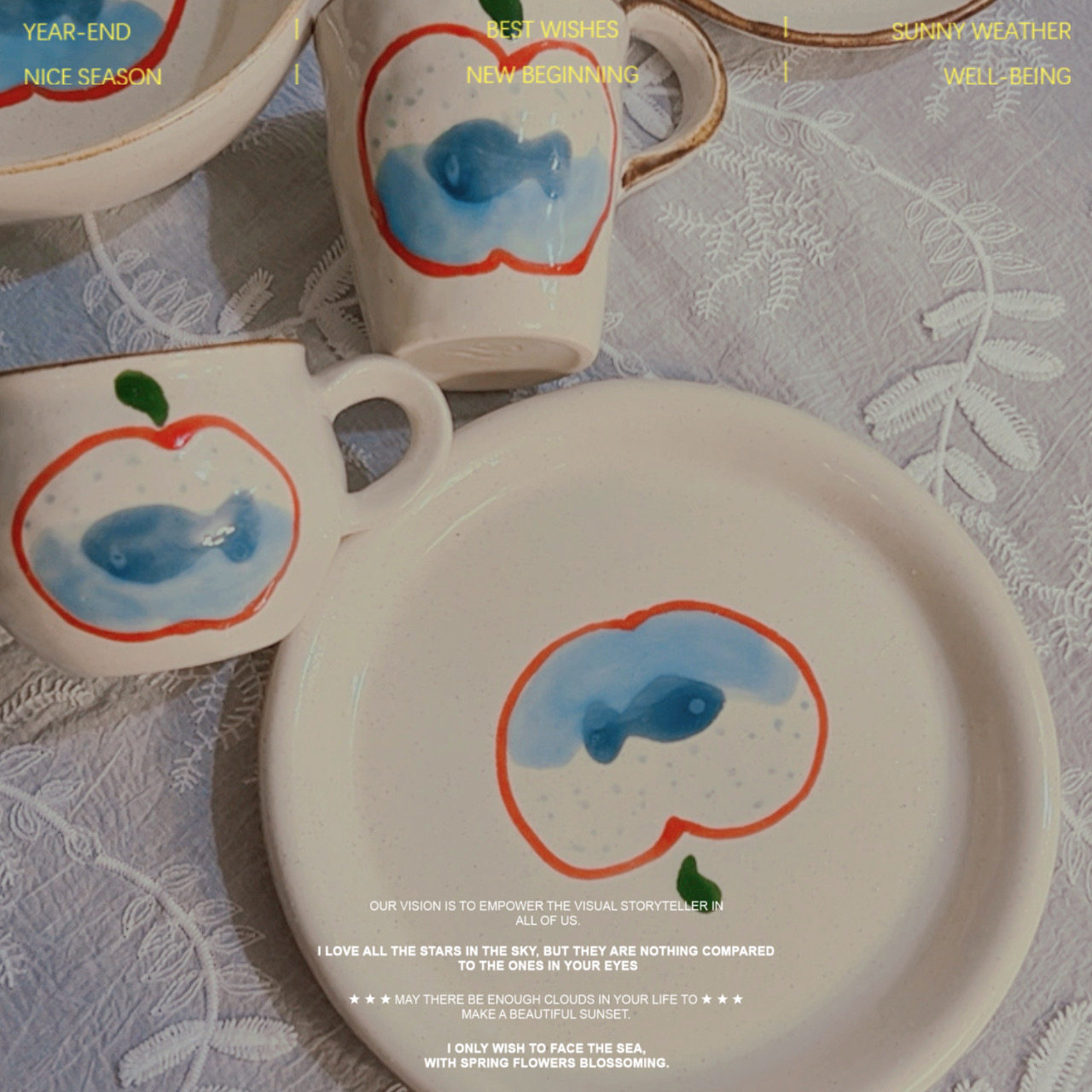 玫瑰家手作陶瓷苹果鱼咖啡杯水果沙拉面碗釉下彩餐具碗盘马克杯子