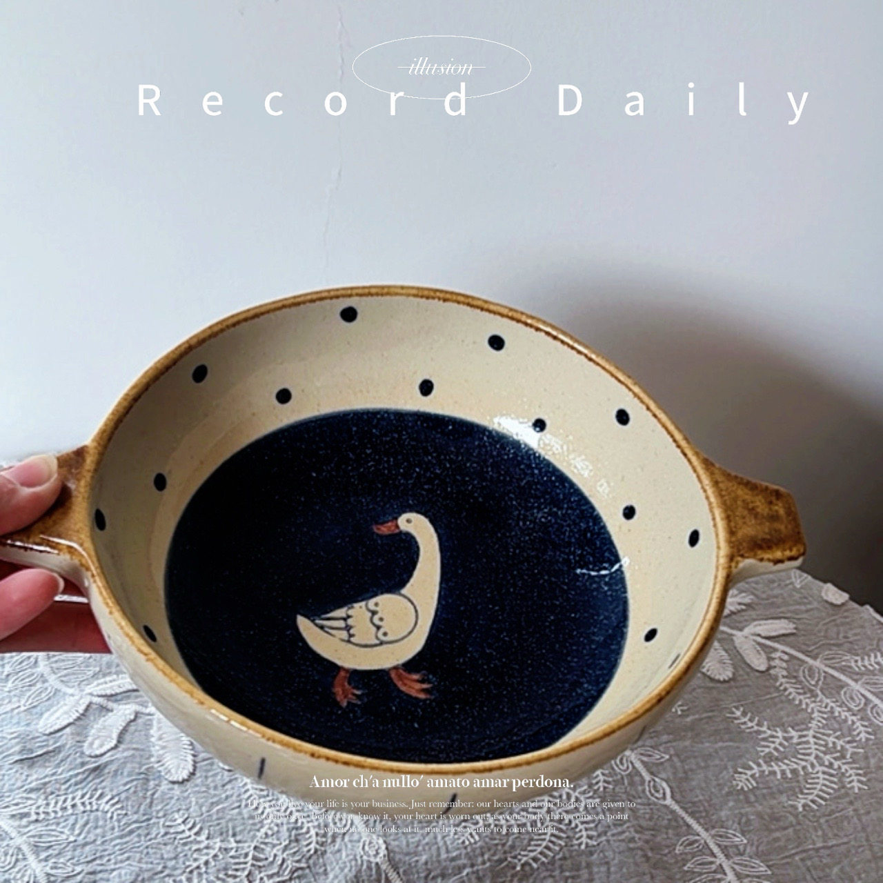 玫瑰家手作陶瓷星光鹅双耳汤碗水果沙拉面碗釉下彩餐具盆盘马克杯