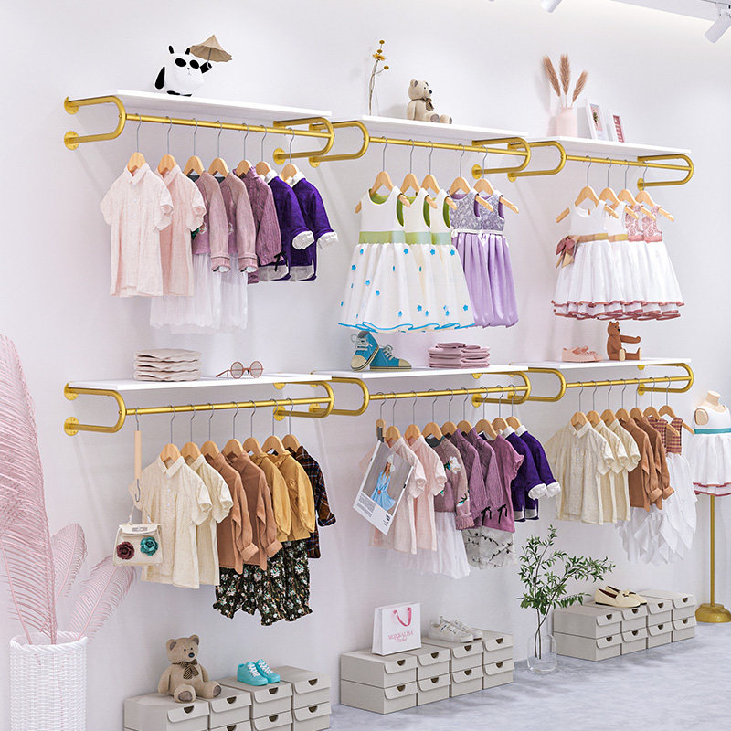 儿童服装店展示架上墙壁挂式货架铁艺金色陈列架组合童装店挂衣架