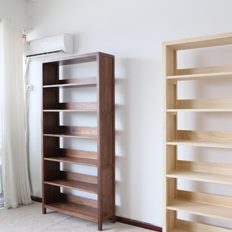 实木书架黑胡桃木置物架整装简约落地白蜡木浅色原木儿童书柜现货