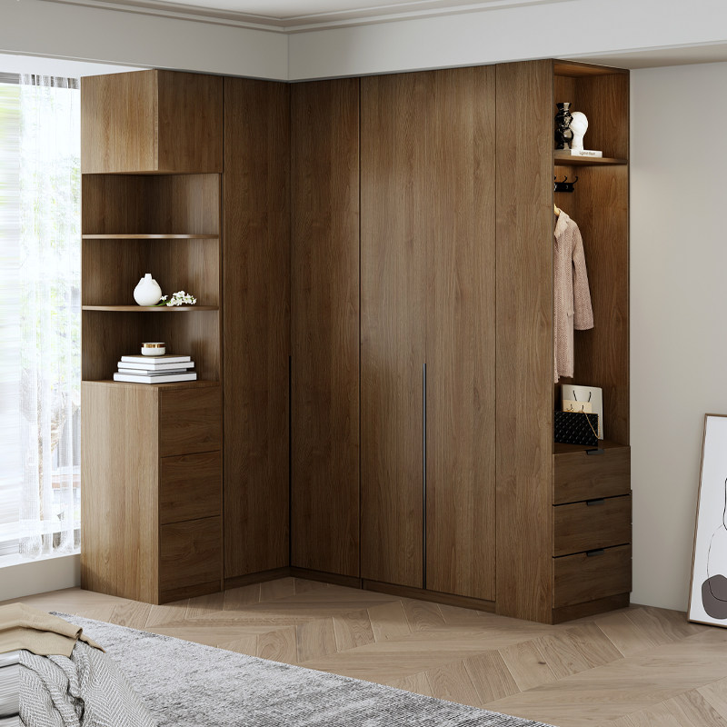 一门到顶实木L型转角衣柜90度家用卧室小户型衣柜组合胡桃色