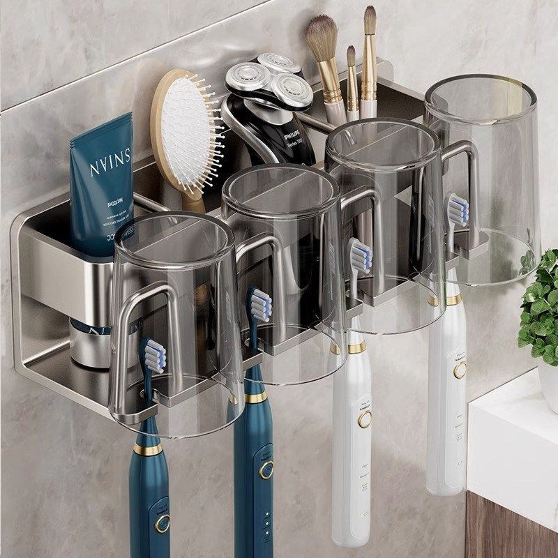 牙刷置物架免打孔枪灰卫生间漱口杯刷牙杯收纳壁挂式电动牙刷架子,家庭/个人清洁工具,浴缸置物架,淘宝优惠券,粉丝福利购,淘宝优惠卷