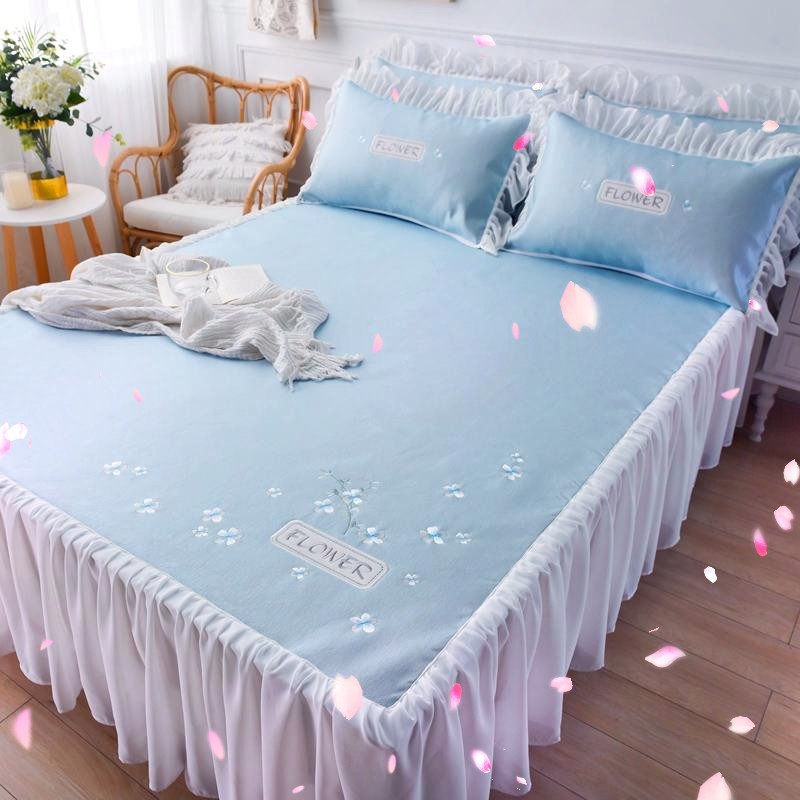 夏天床裙凉席冰丝席三件套公主风可水洗折叠空调席少女心床单凉席