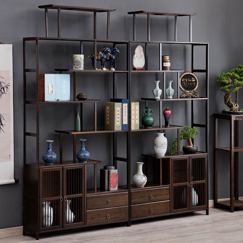 博古架简易书架书柜落地隔断置物架实木多层书房客厅茶叶组合柜子