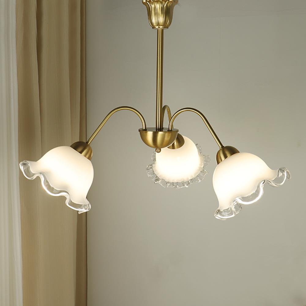 法式轻奢奶油风全铜玻璃吊灯美式中古餐厅灯现代简约卧室天花灯具
