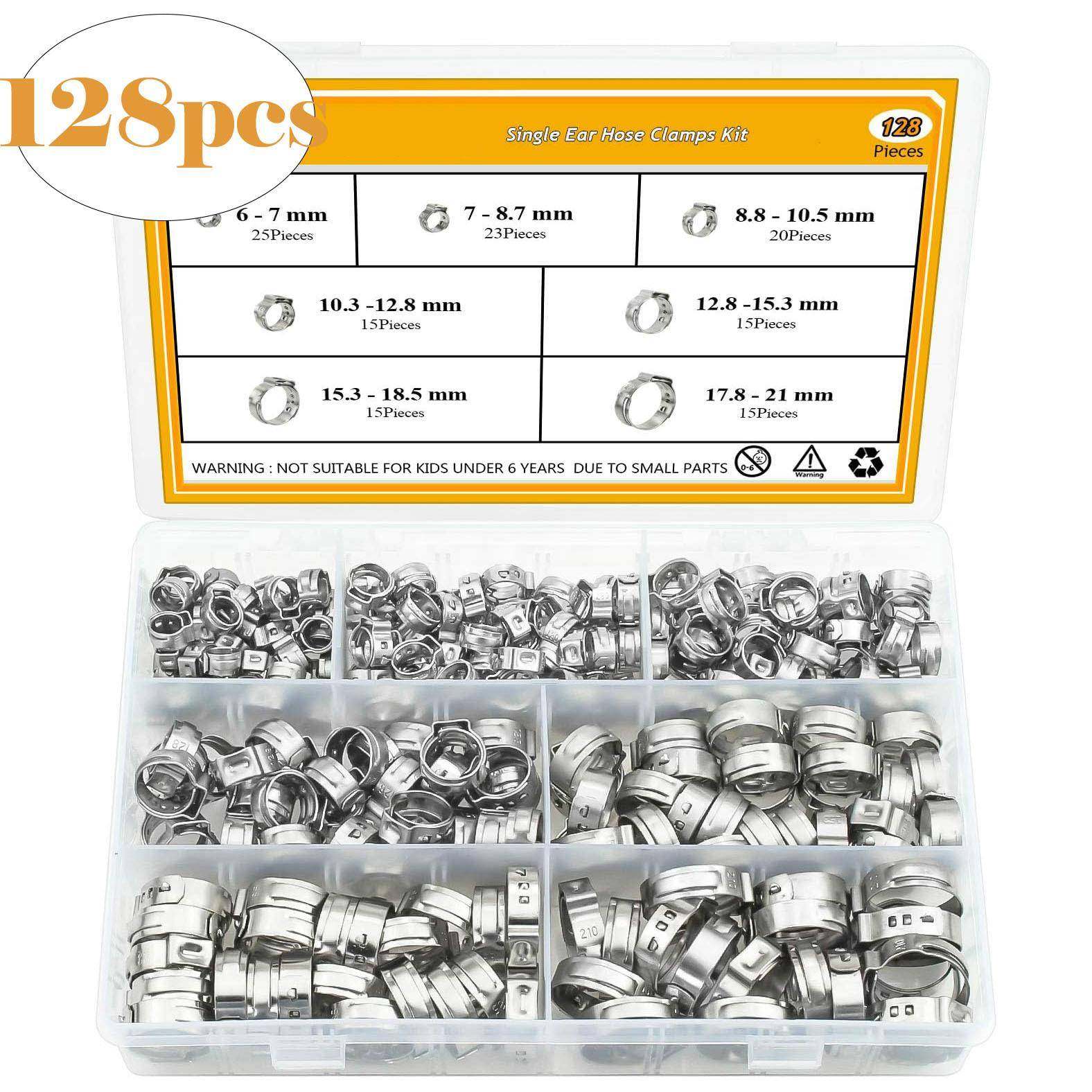 128pcs304不锈钢单耳无极卡箍套装单耳卡箍PEX管卡箍软管卡箍盒装