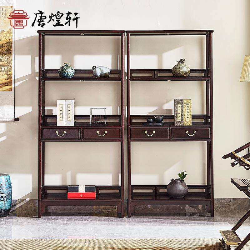 明式家具赞比亚血檀带抽书架落地组合中式实木仿古多层展示架书橱
